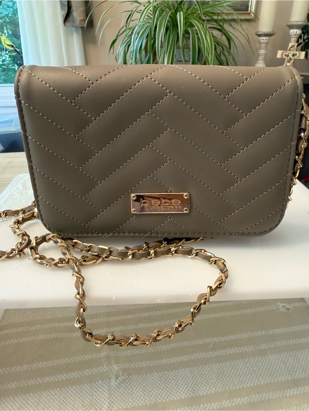 bebe Quilted Crossbody Bag in Taupe with Gold Chain